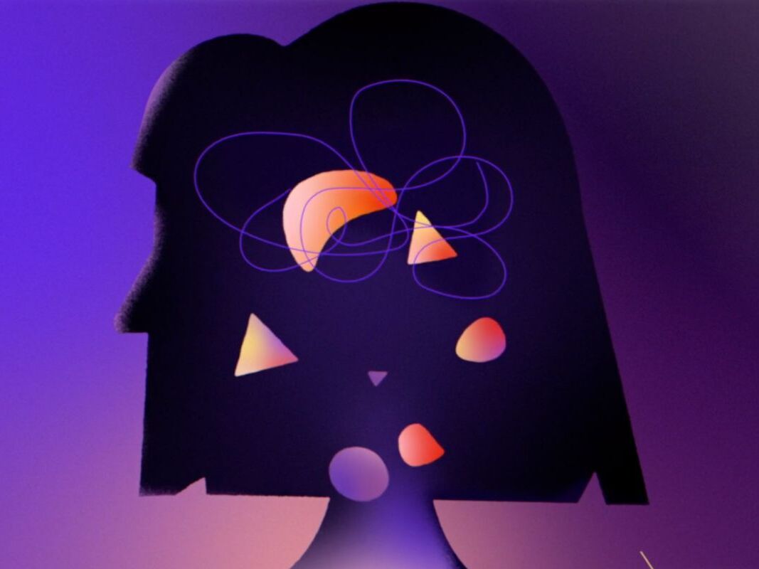 An animation of shapes swirling inside the silhouette of a woman's head.