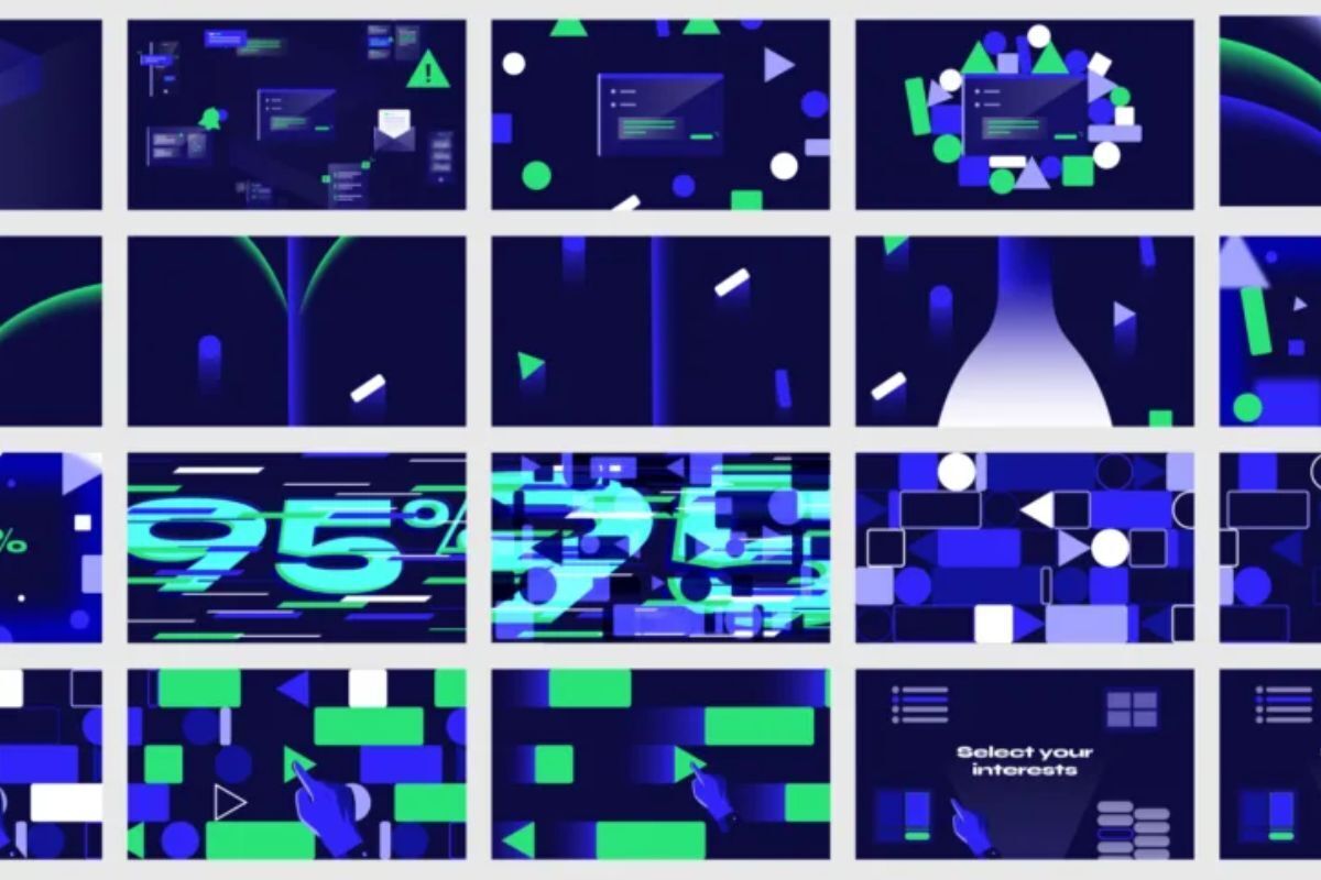 A storyboard showing animation stills with moving shapes and numbers.