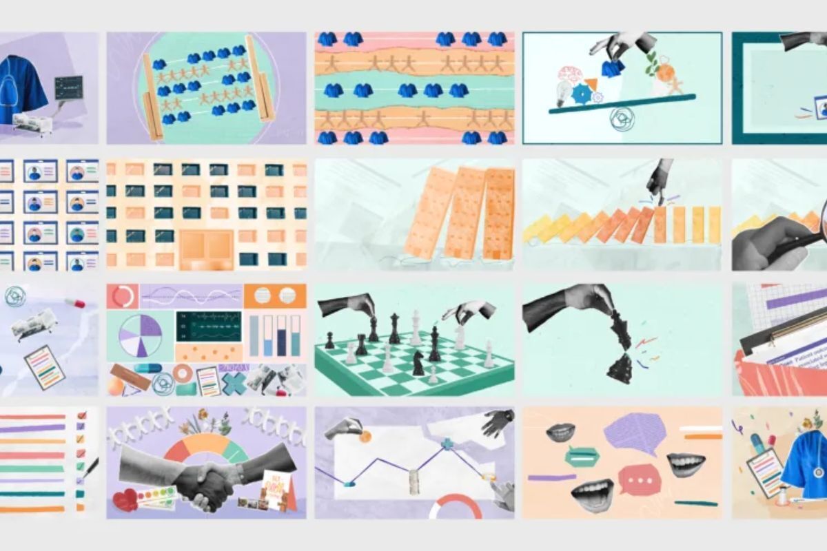 A storyboard showing falling dominoes and hands moving pieces on a chess board.