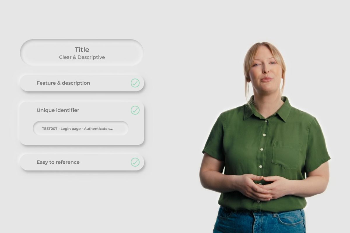 A female presenter stands next to an animated dispay of the Testlodge user interface.